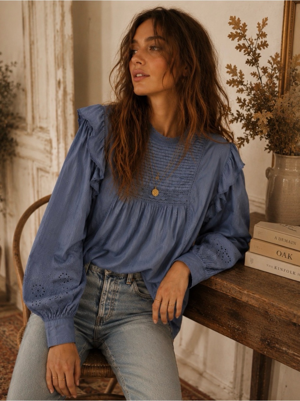 Willa Pintuck Ruffle Long-Sleeve Top - Blue